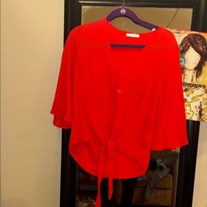 Bright Red Tie-Front Button Blouse - Women's Top